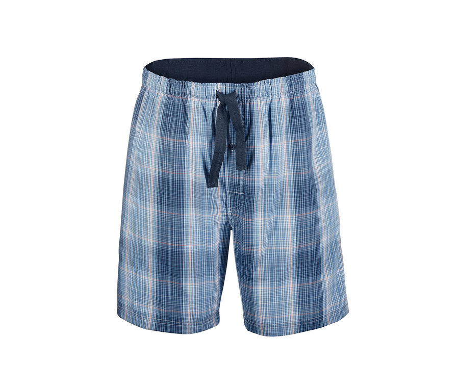 Blaue karierte Schlafshorts.