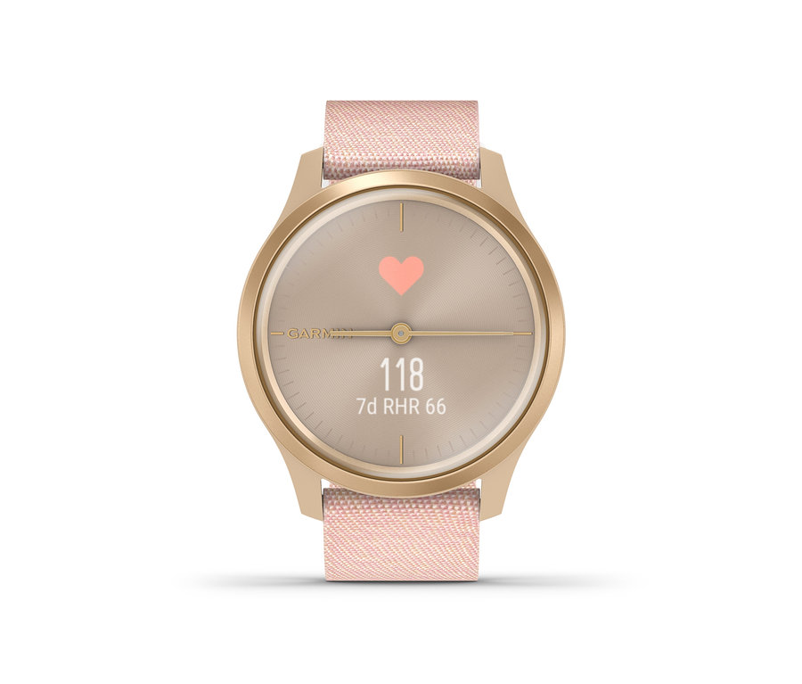 Nahaufnahme der roségoldfarbenen/weißen Garmin Vivomove Style Smartwatch.