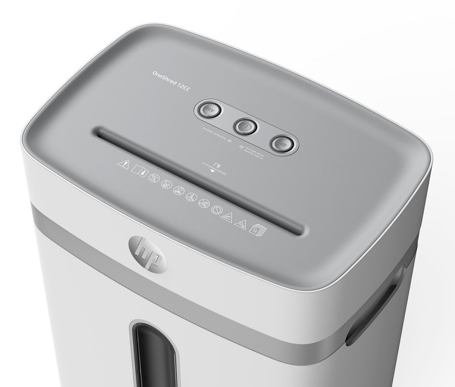 Nahaufnahme eines weiss-grauen HP OneShred 12CC Aktenvernichters.
