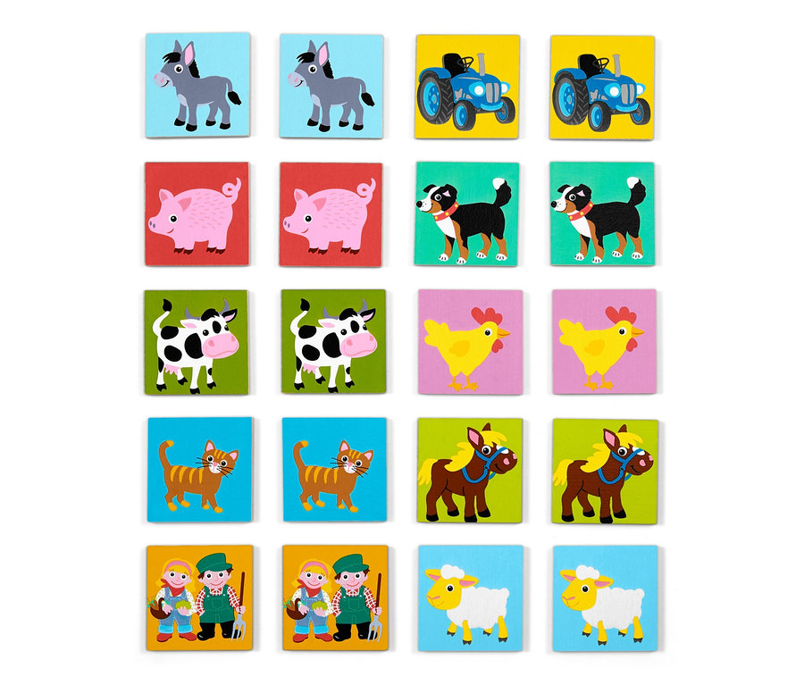 Set mit Holz-Memory mit Bildern von Tieren und landwirtschaftlichen Fahrzeugen.
