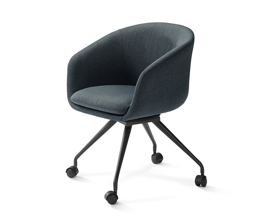 Ein grauer, drehbarer Esszimmerstuhl auf Rollen.