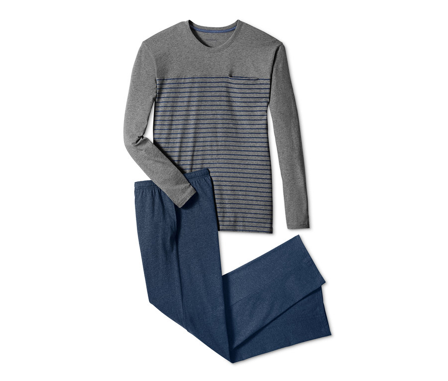 Grauer Pyjama mit langen Ärmeln und blauen Streifen sowie eine blaue Pyjamahose.