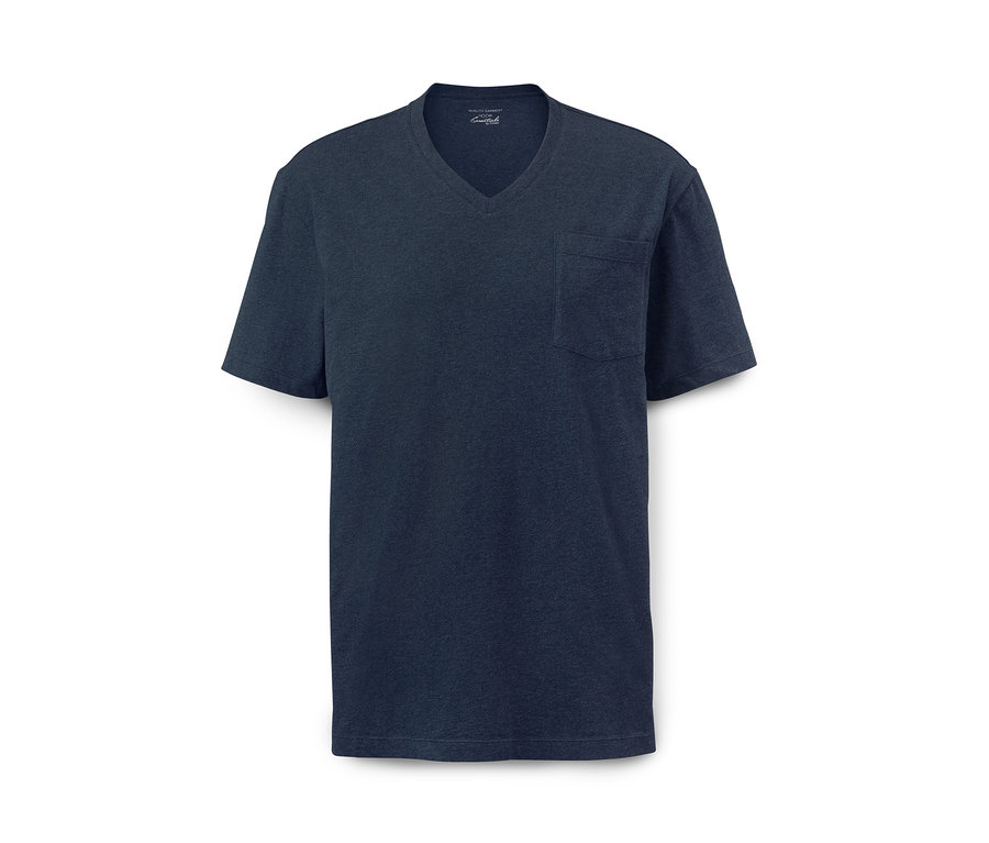 Ein marineblauer Shorty-Pyjama mit V-Ausschnitt und Tasche.