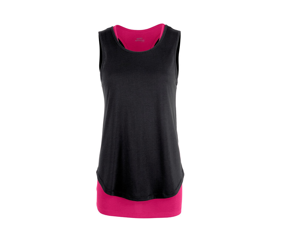 Schwarzes 2-in-1-Sporttop mit pinkfarbenem Unterteil.