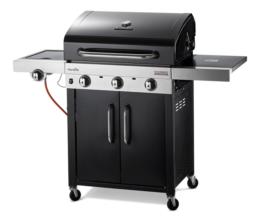 Schwarzer Char-Broil® 3-Brenner Gasgrillwagen mit Seitenbrenner.