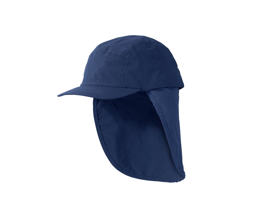 Eine marineblaue Cap mit Nackenschutz.