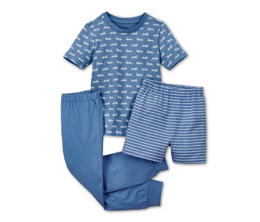 Blauer 3-teiliger Schlafanzug mit Kurzarm, langer Hose und Shorts.