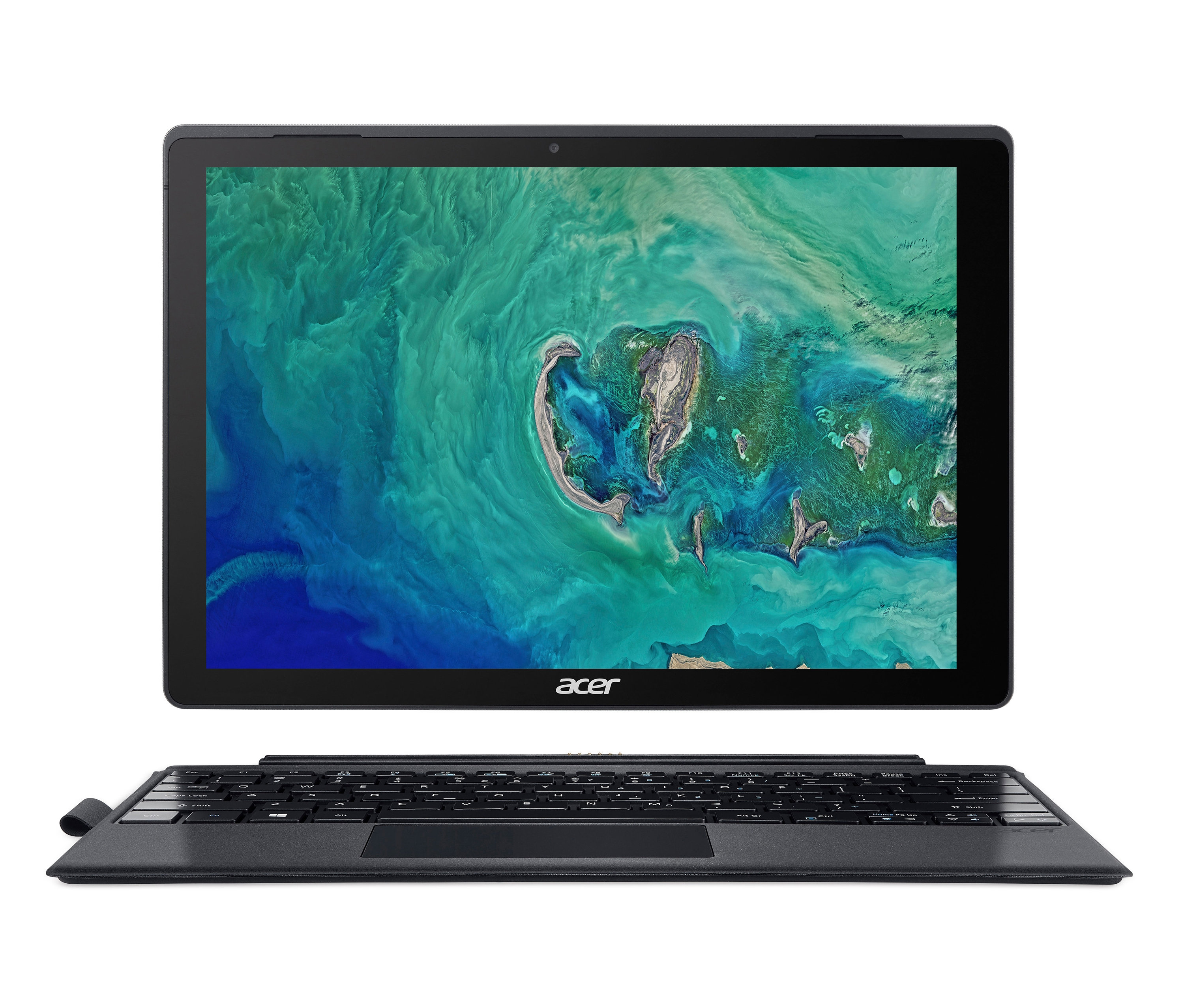 Schwarzes Acer-Switch-5-2-in-1-Tablet mit angeschlossener Tastatur und abstraktem Hintergrund.