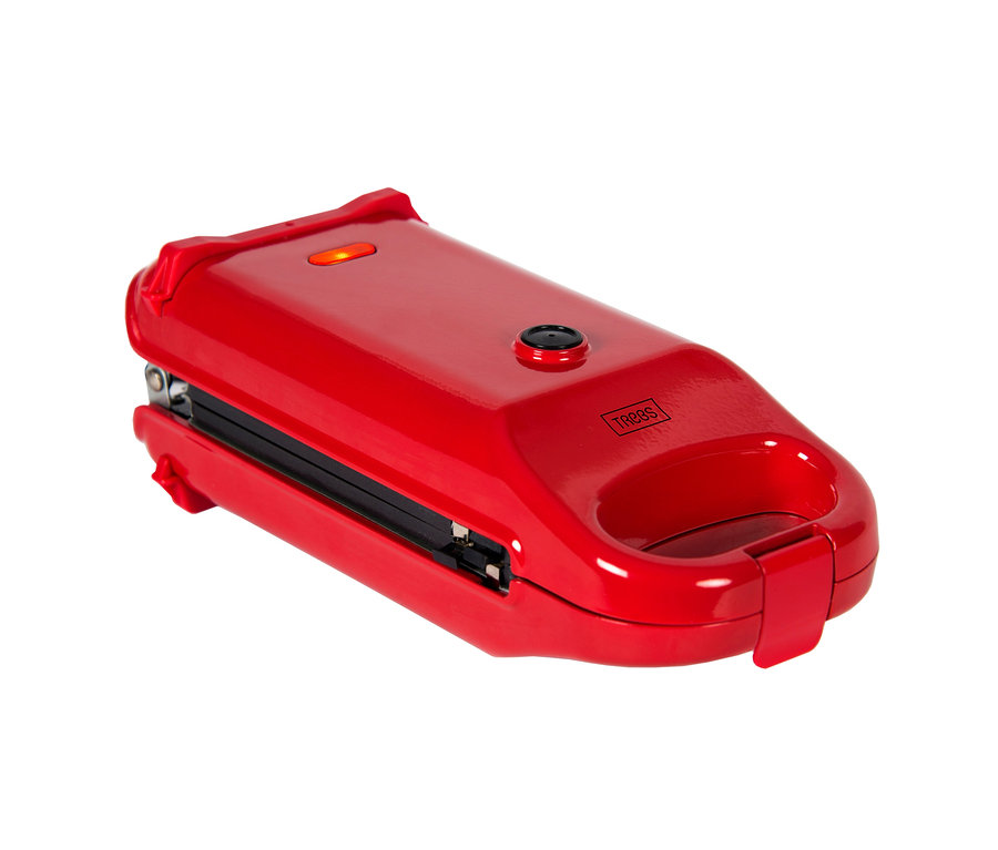 Roter 6-in-1-Snackmaker auf weißem Hintergrund.