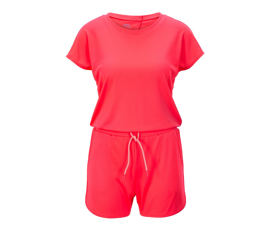 Korallefarbener Jumpsuit mit kurzen Ärmeln und Kordelzug in der Taille.