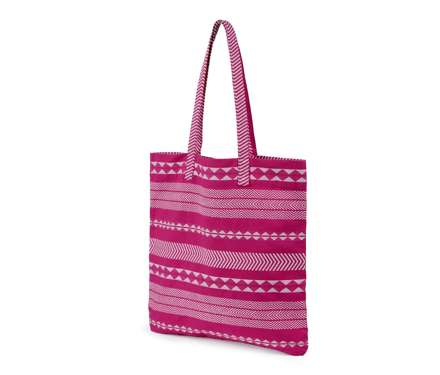 Eine pinke Tasche mit einem weißen geometrischen Muster.