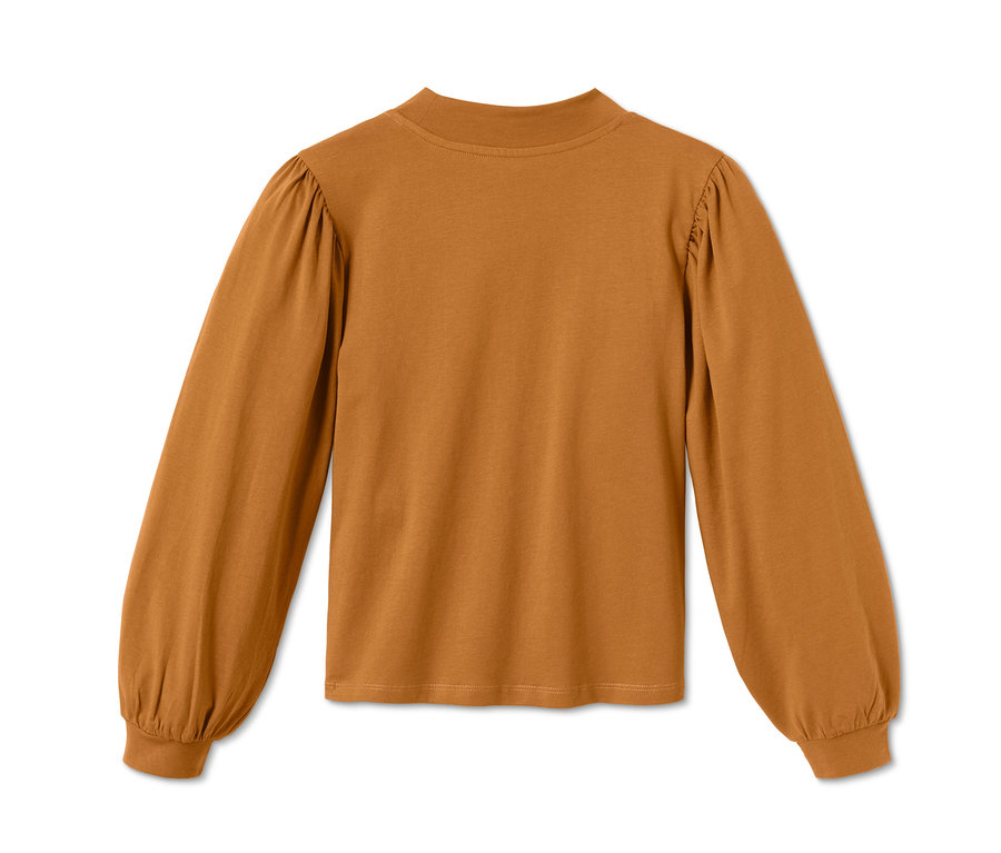 Ein braunes Langarmshirt liegt auf einem weißen Hintergrund.