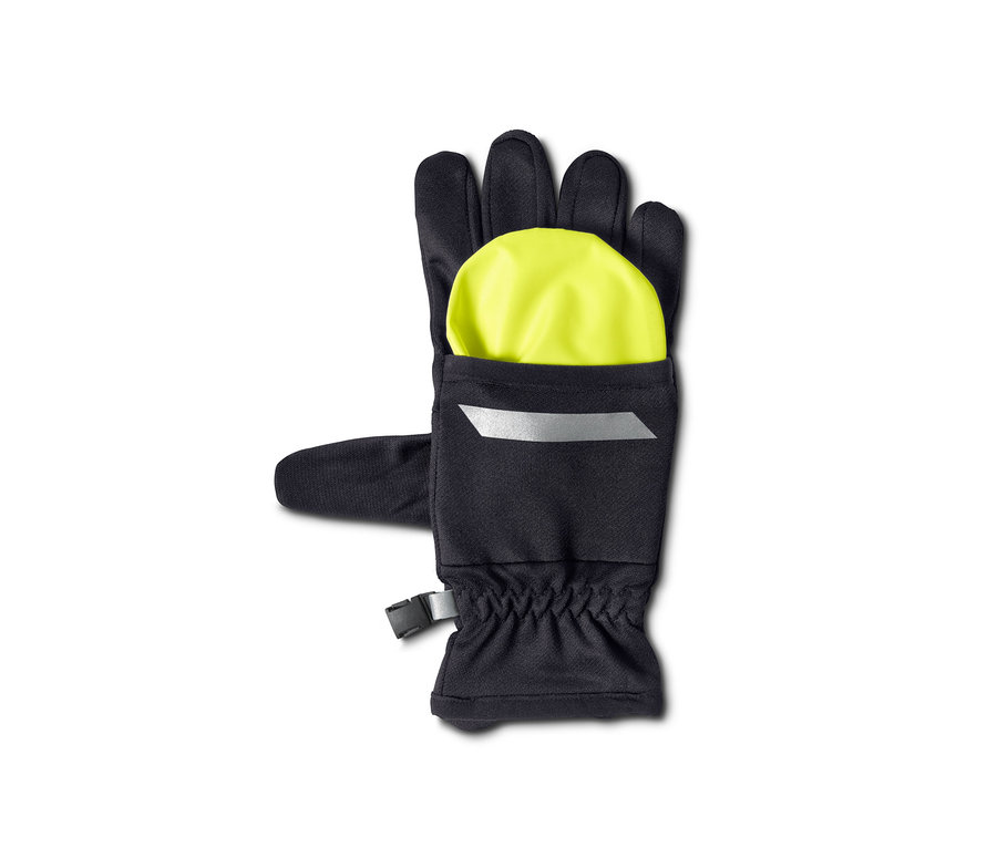 Schwarzer 2-in-1-Laufhandschuh mit neongelber Kapuze in der Tasche.