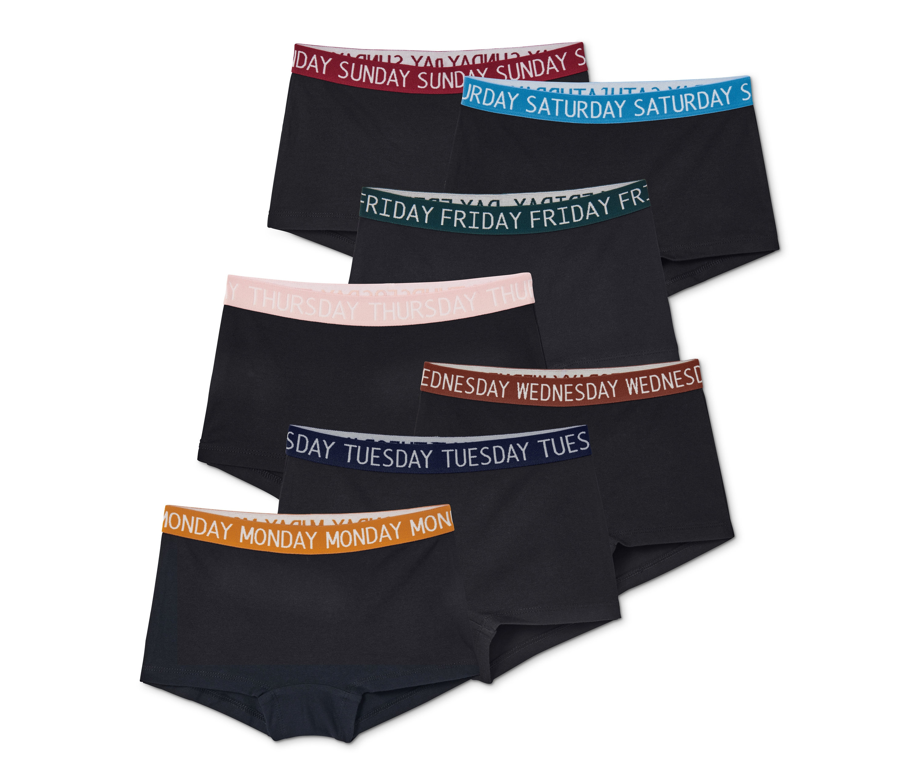 Sieben Mädchen-Pantys in Schwarz mit farbigen Bund mit den Wochentagen.