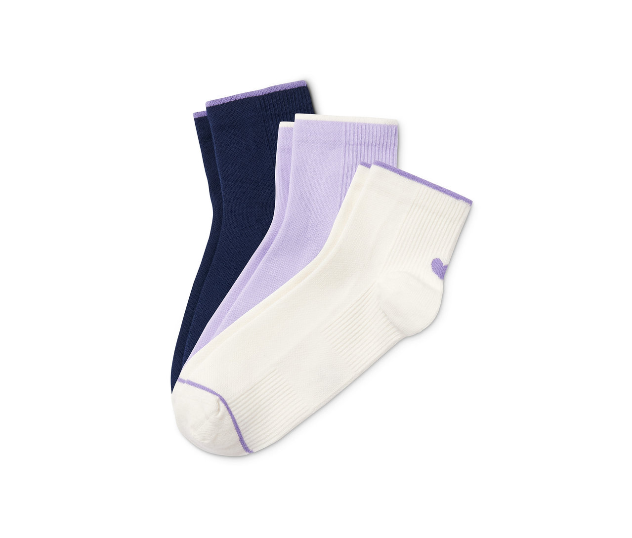 Ein 3er-Pack Socken in Marineblau, Lila und Weiß mit lila Bündchen.