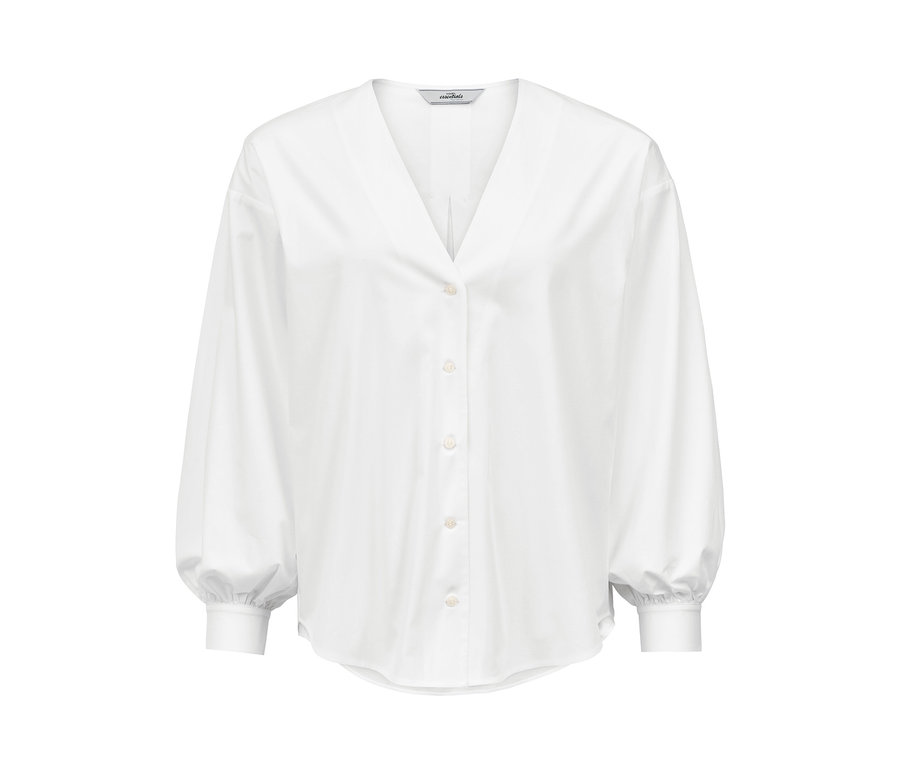 Weiße Popeline-Bluse mit langen Ballonärmeln und Knopfleiste.