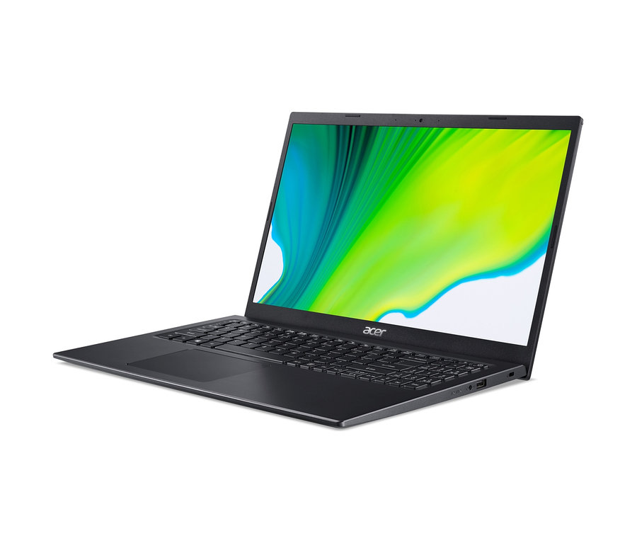Detailansicht des schwarzen Acer Aspire Notebooks A515-56-34SG, dessen Bildschirm eine abstrakte Grafik zeigt.