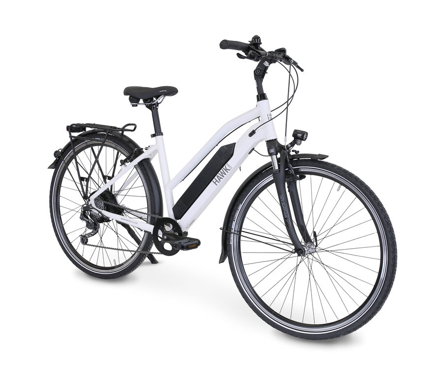 Graues HAWK Bikes E-Bike Damen "e-Trekking Lady BAFANG" mit 28 Zoll und 46-cm-Rahmen.