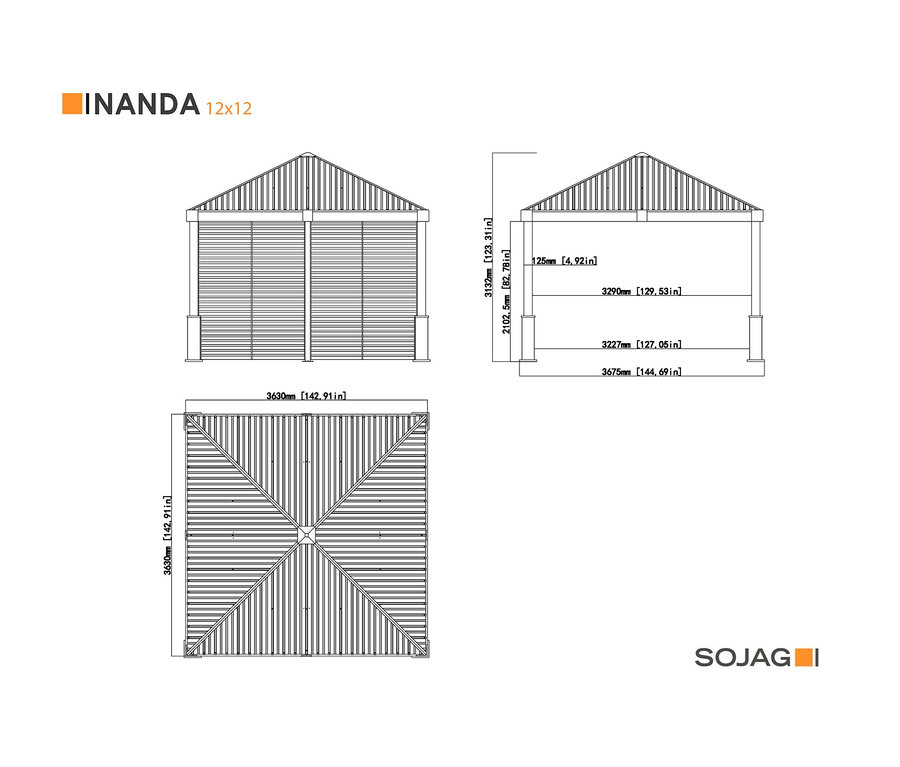 Technische Zeichnung des Pavillons »Nanda« mit Abmessungen.