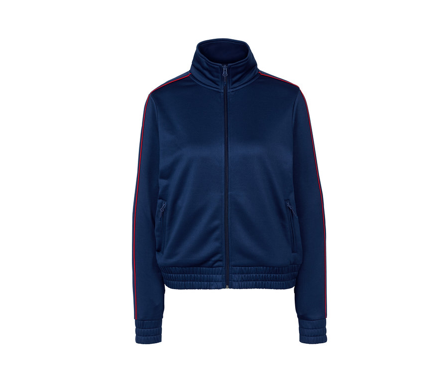 Blaue Sportjacke mit Reißverschluss und roten Streifen an den Ärmeln.