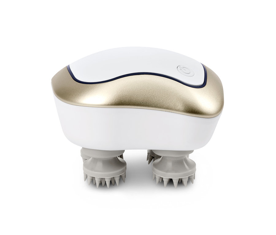 Detailaufnahme eines wasserdichten Massagegeräts in Weiß-Gold mit Massageaufsätzen.