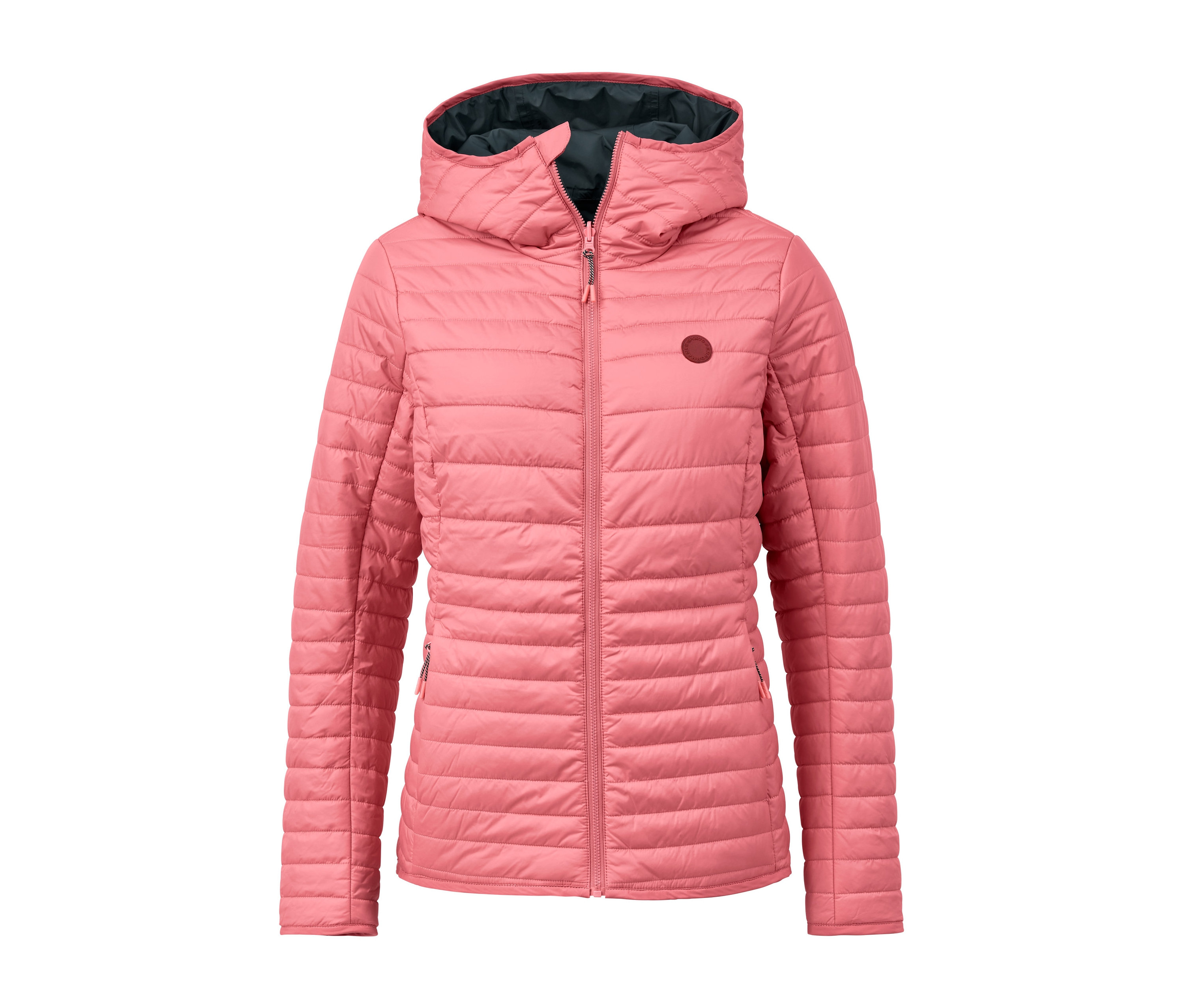 Rosa wasserdichte Wende-Steppjacke mit Kapuze und Reißverschluss.