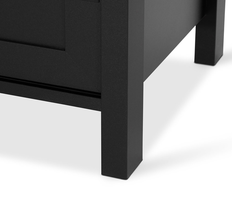 Detailaufnahme einer schwarzen Sitzbank »Clara« mit Fach, Untersicht.