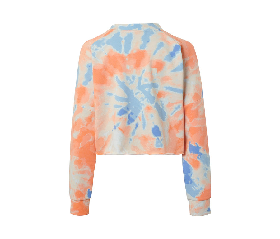 Rückansicht eines Yogasweatshirts mit Batikmuster in Orange und Blau.