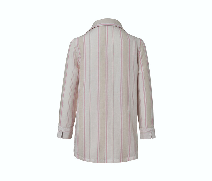 Rückansicht eines Leinen-Pyjamas mit rosa und beigen Streifen.