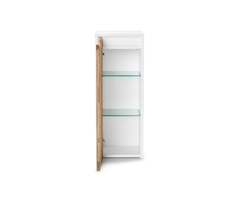 Weißer Beistellschrank mit Tür in Innenansicht mit geöffneter Holztür und Glasböden.