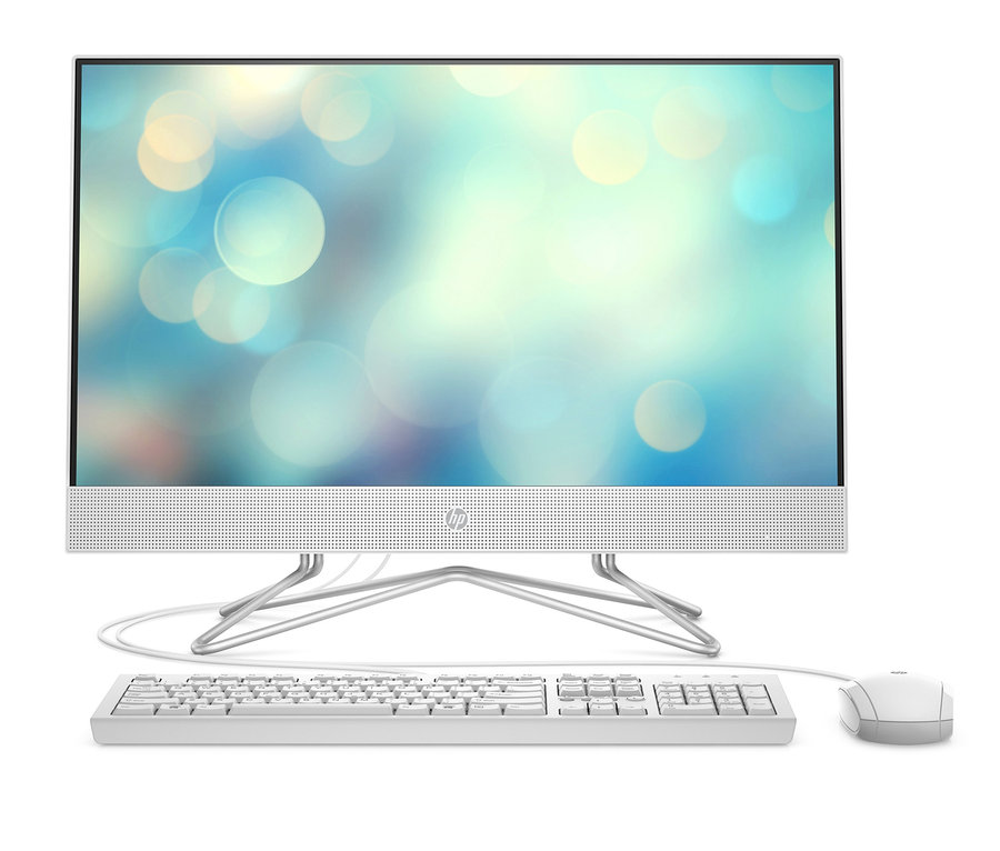 Weißer HP 23,8" All-in-One 24-df1400ng PC mit Tastatur und Maus.