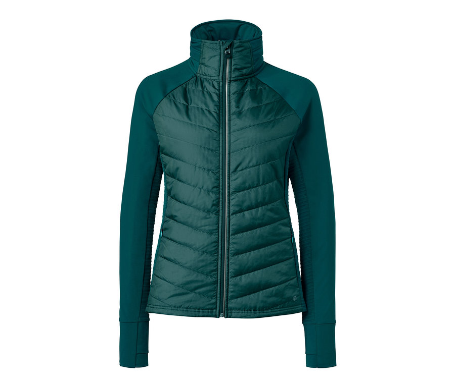 Grüne Thermo-Laufjacke mit verstaubarer Kapuze.