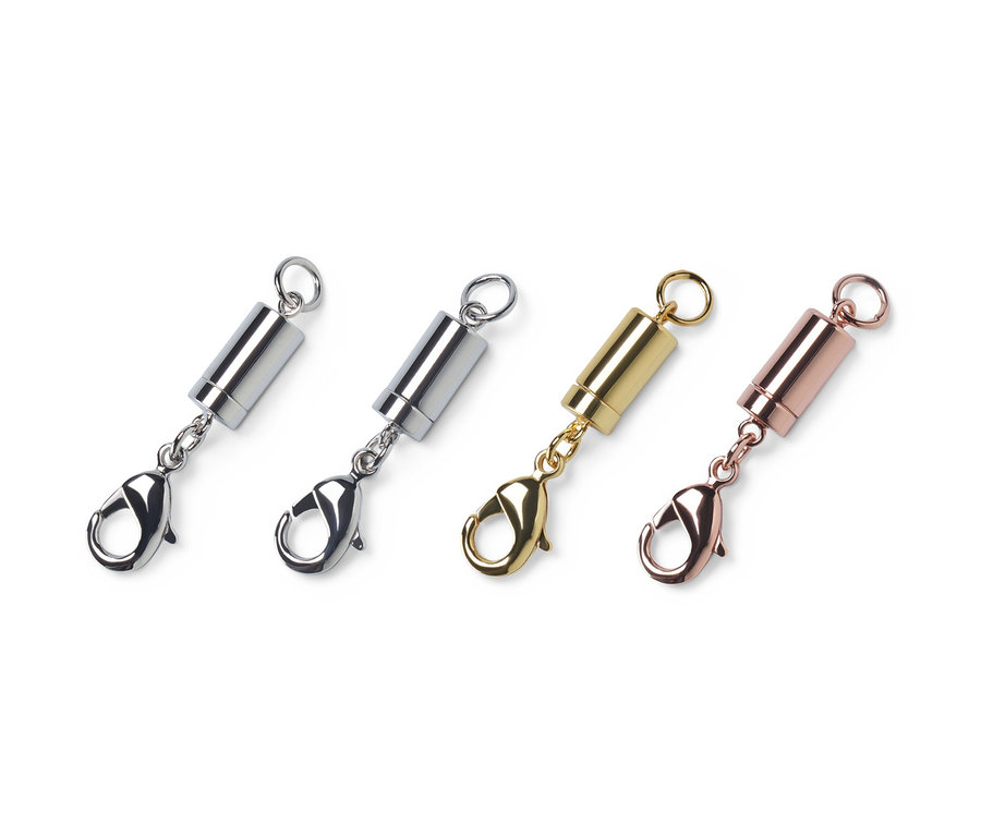 Vier Magnetverschlüsse in den Farben Silber, Gold und Roségold.