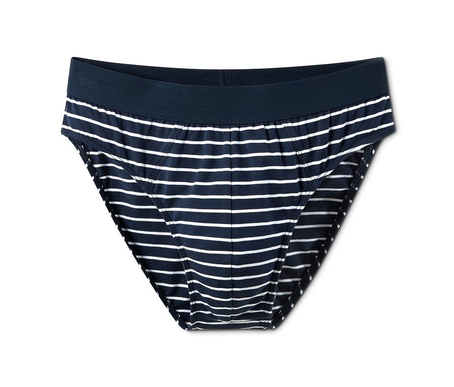 Ein Paar blau-weiß gestreifte Herrenslips, 5 Stück