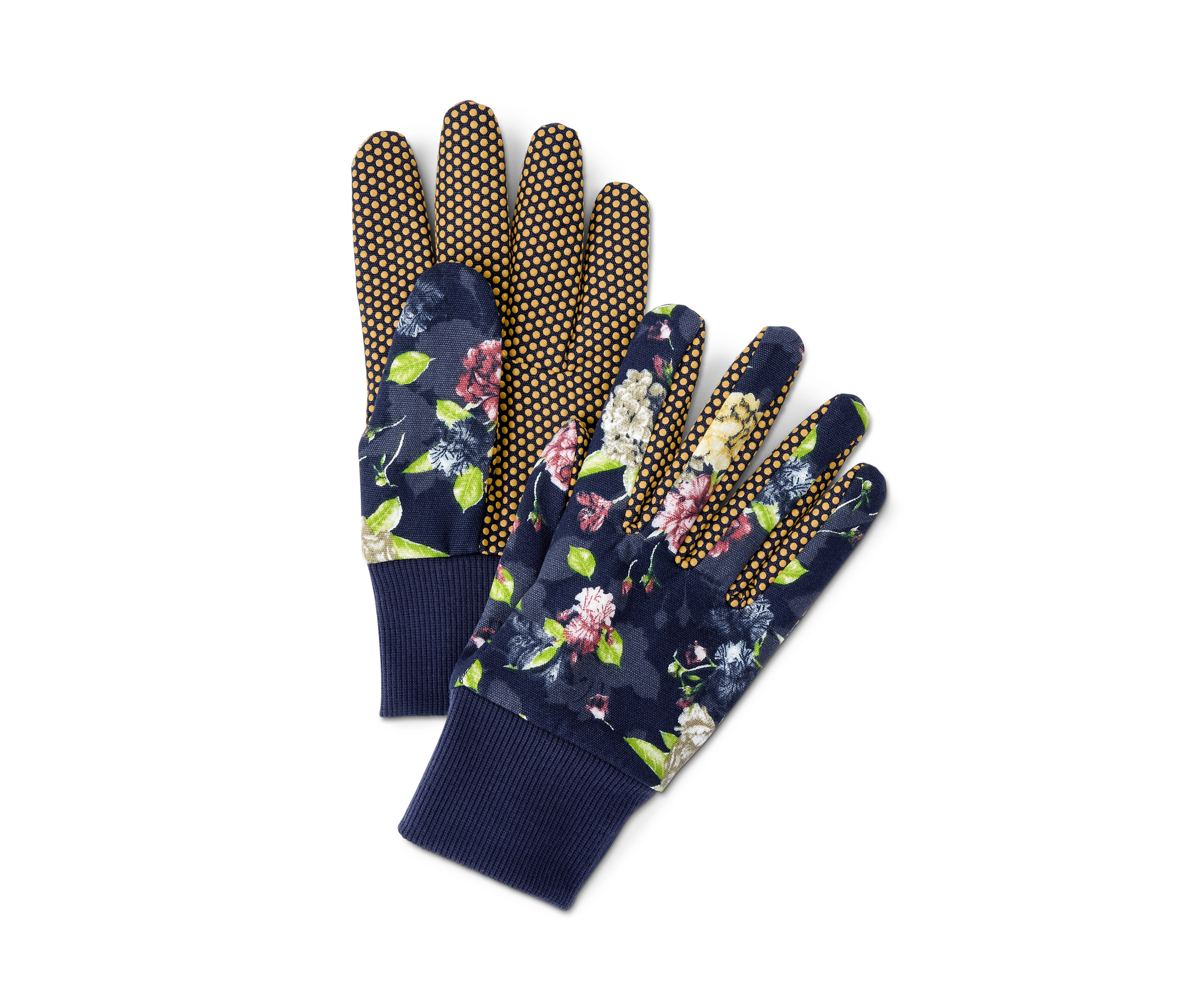 Zwei Gartenhandschuhe mit Blumenmuster und gelben Punkten.