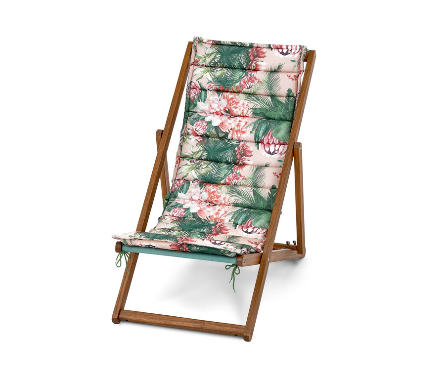 Ein Klappliegestuhl mit Blumenmuster.