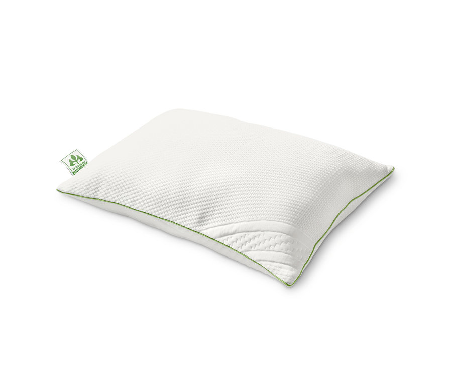 Ein weißes irisette® greenline Komfort-Schlafkissen auf weißem Hintergrund.