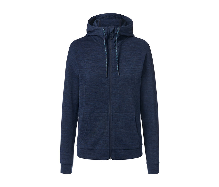 Dunkelblaue Kapuzenjacke mit Merinowolle und Reißverschluss.
