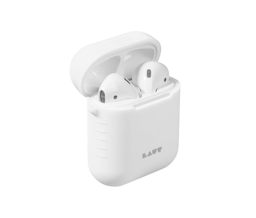 Detailaufnahme eines weißen LAUT Case für AirPods Serie 1 und 2 »POD« mit geöffnetem Deckel und Kopfhörern im Inneren.