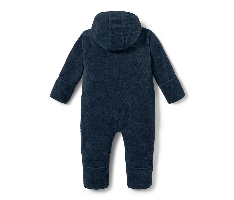Marineblauer Fleece-Einteiler mit Kapuze, Rückansicht.