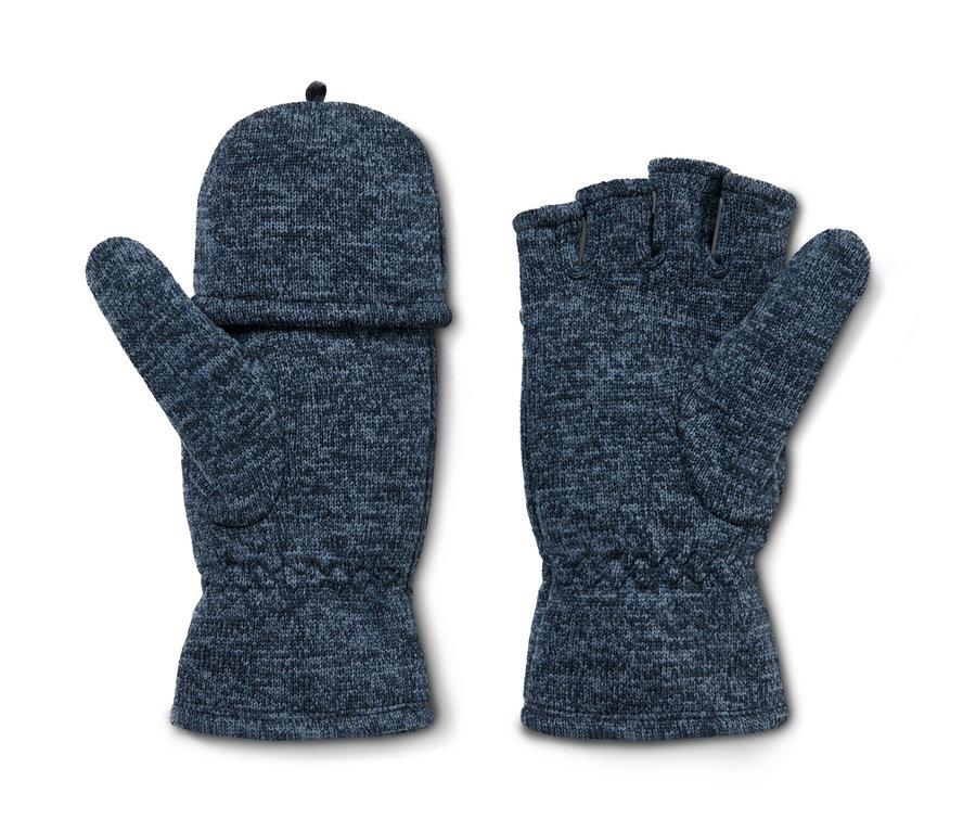 Zwei blaue Strickfleece-Klappfäustlinge.