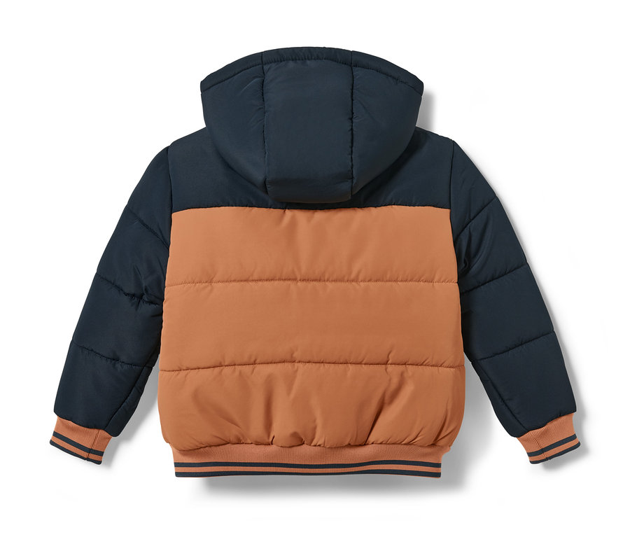 Rückseite einer Thermojacke mit Kapuze, die oben dunkelblau und in der Mitte braun ist.