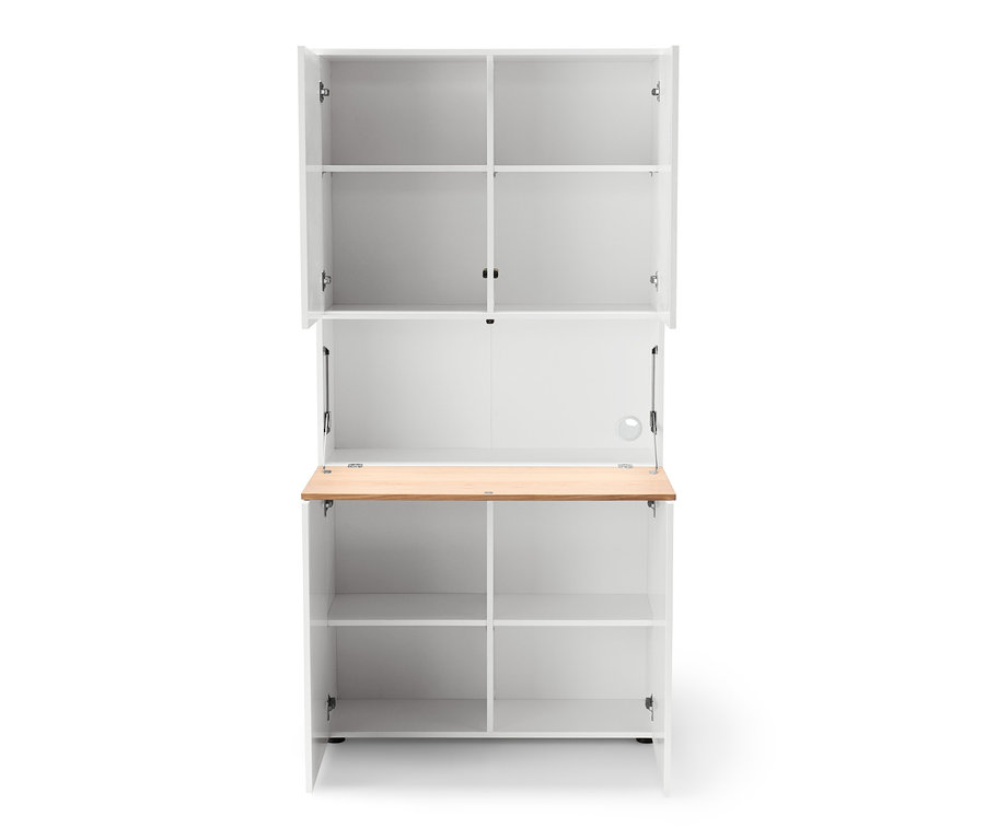 Geöffneter Office-Hochschrank mit Arbeitsfläche.