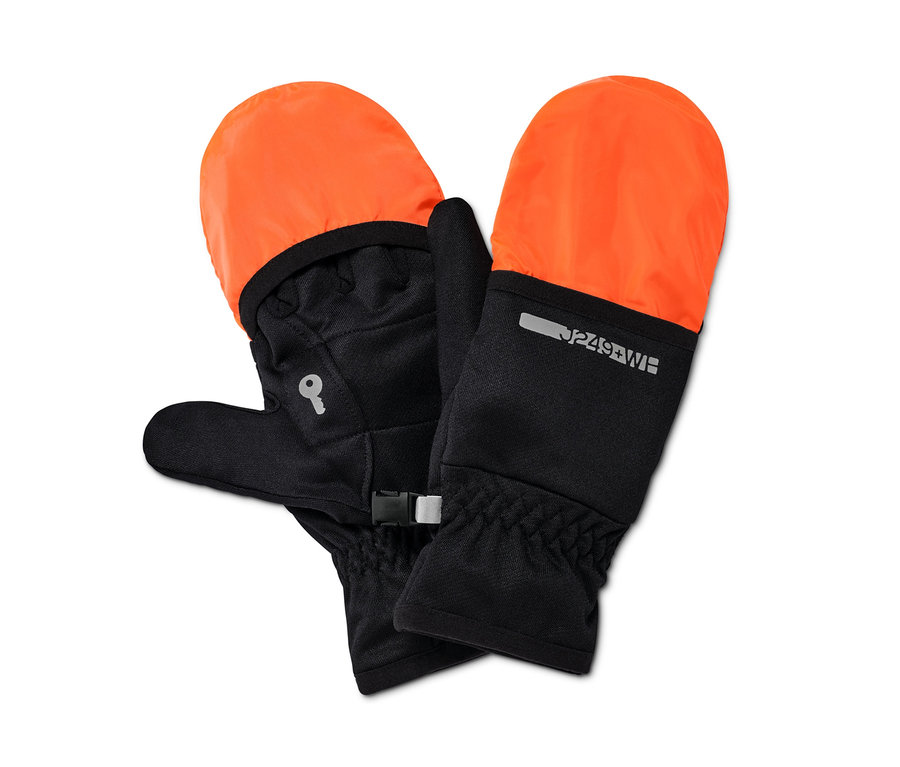 Zwei schwarz-orange 2-in-1-Laufhandschuhe liegen nebeneinander.