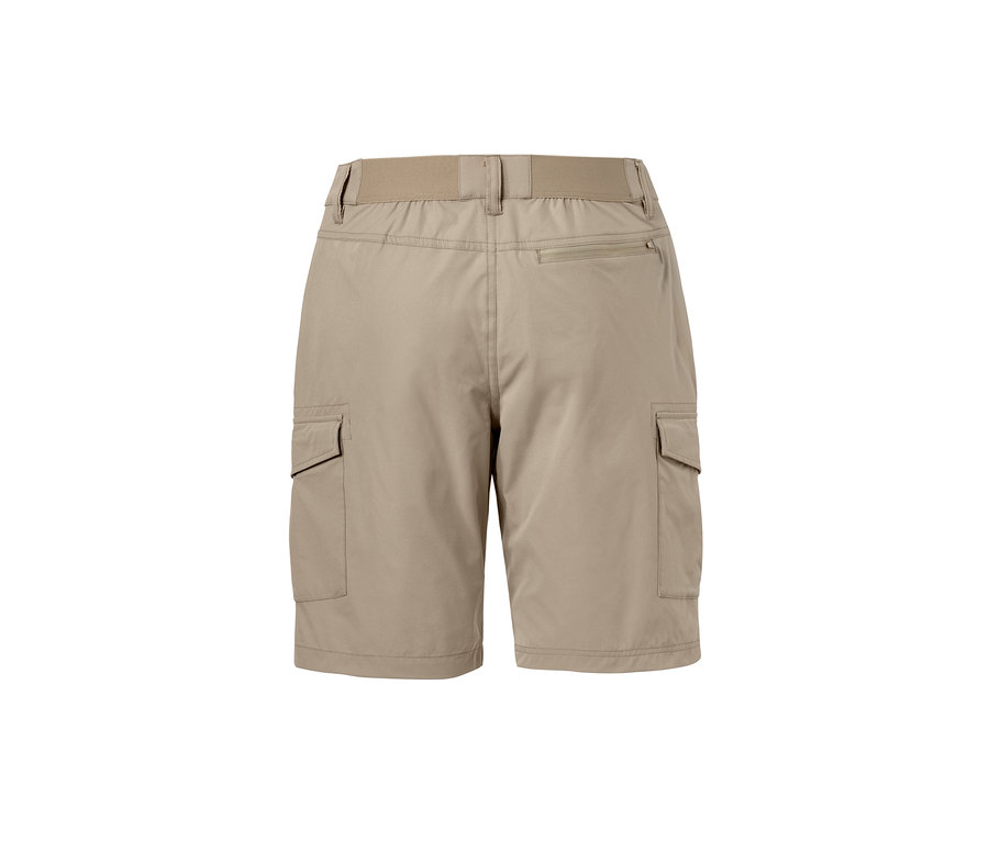 Beige Funktionsshorts mit Reissverschlusstasche hinten.