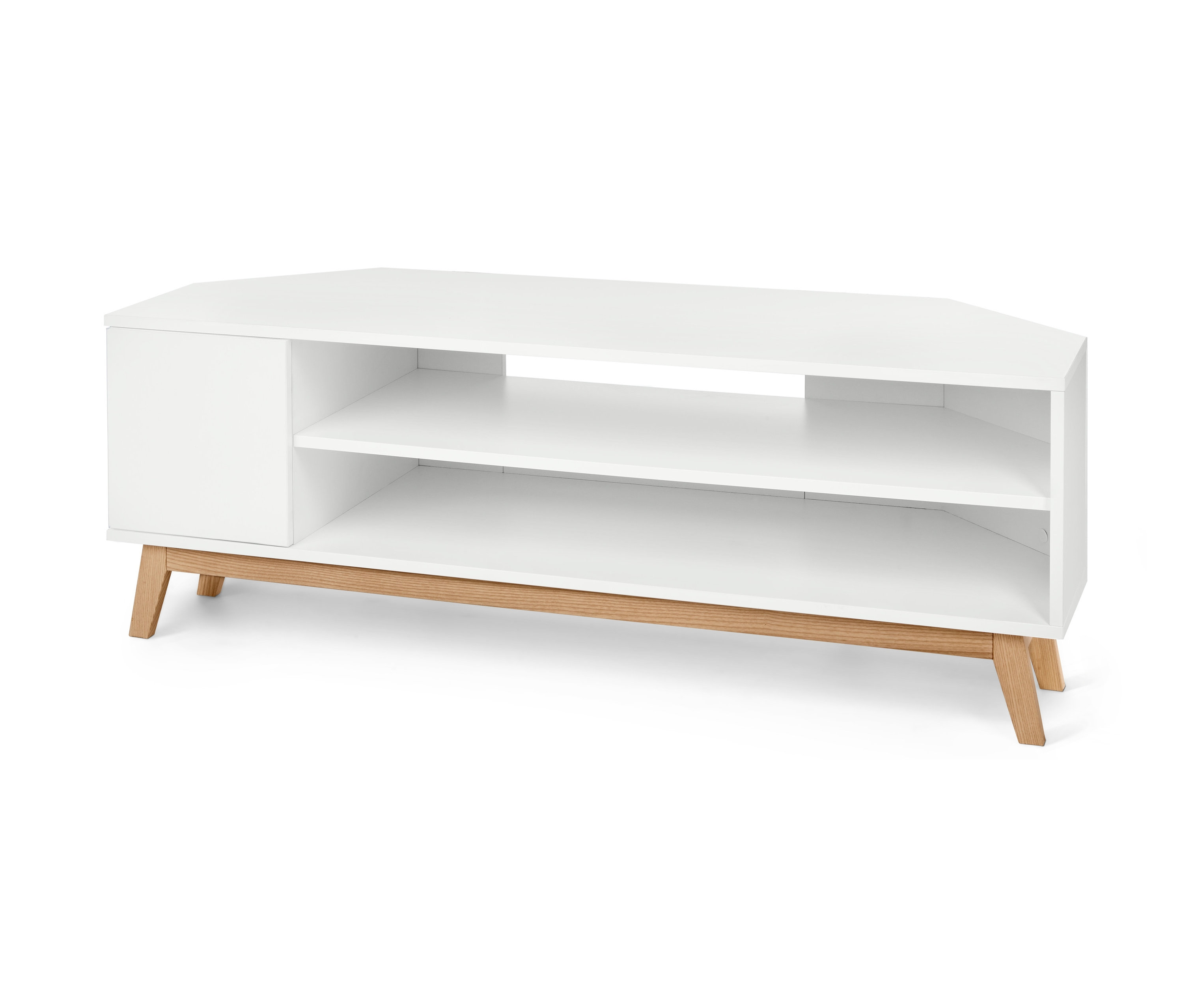 Eck-Lowboard in Weiß mit Tür und zwei Regalböden.