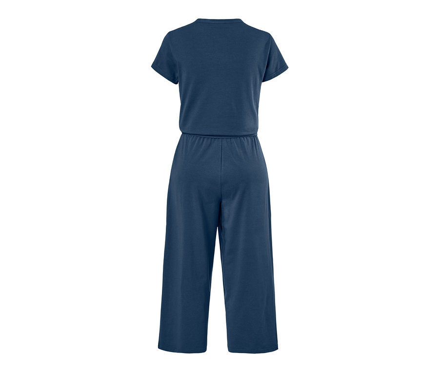Marineblauer Jumpsuit mit kurzen Ärmeln und weitem Bein.