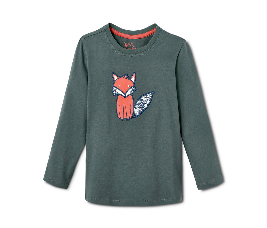 Ein grünes Langarmshirt mit einem Fuchsmotiv. 2 Jersey-Langarmshirts.