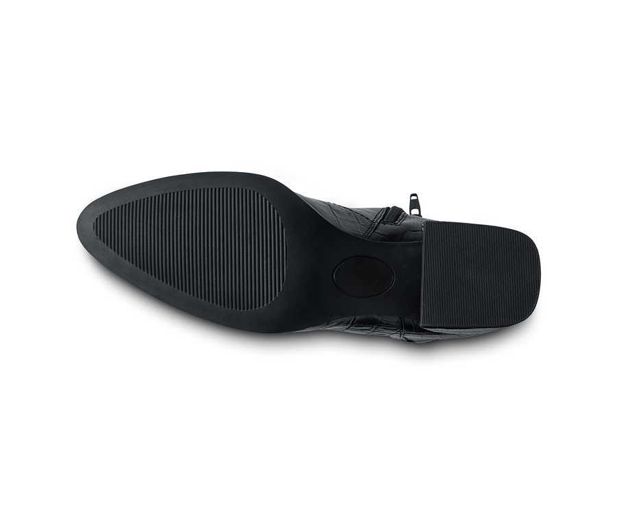 Detailansicht der Sohle einer Leder-Stiefelette, geprägt.