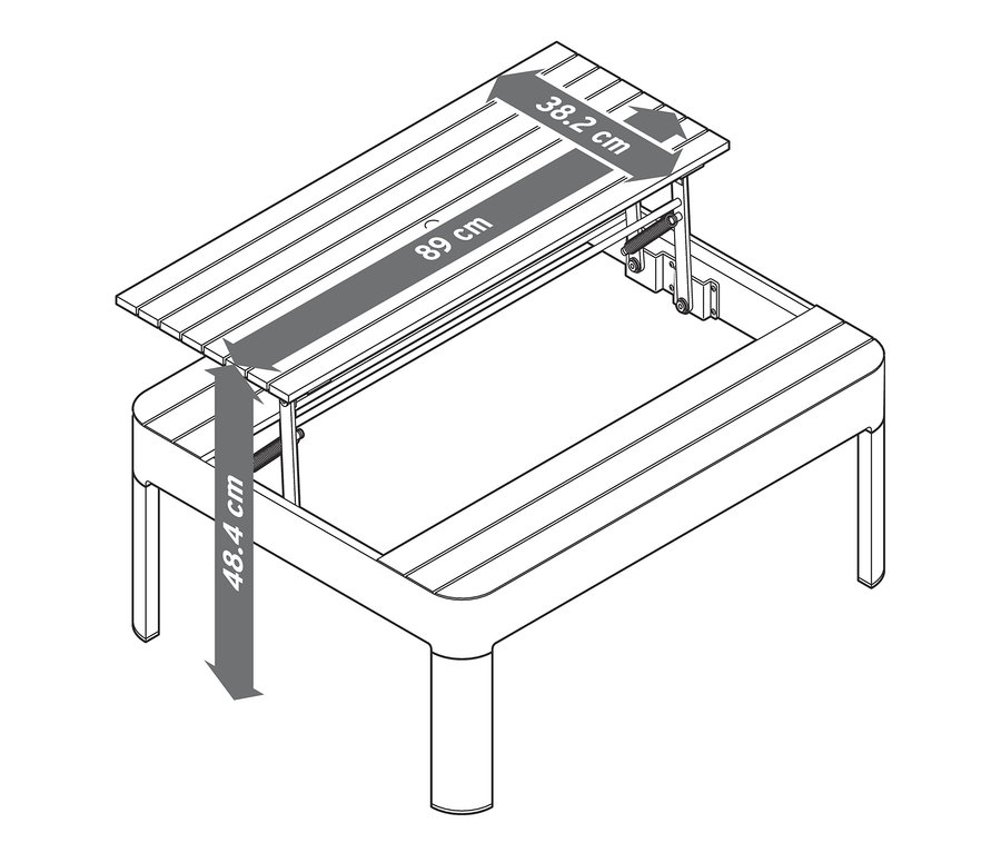 Skizze eines höhenverstellbaren Couchtisches mit den Maßen 89 cm x 38,2 cm und einer Höhe von 48,4 cm.